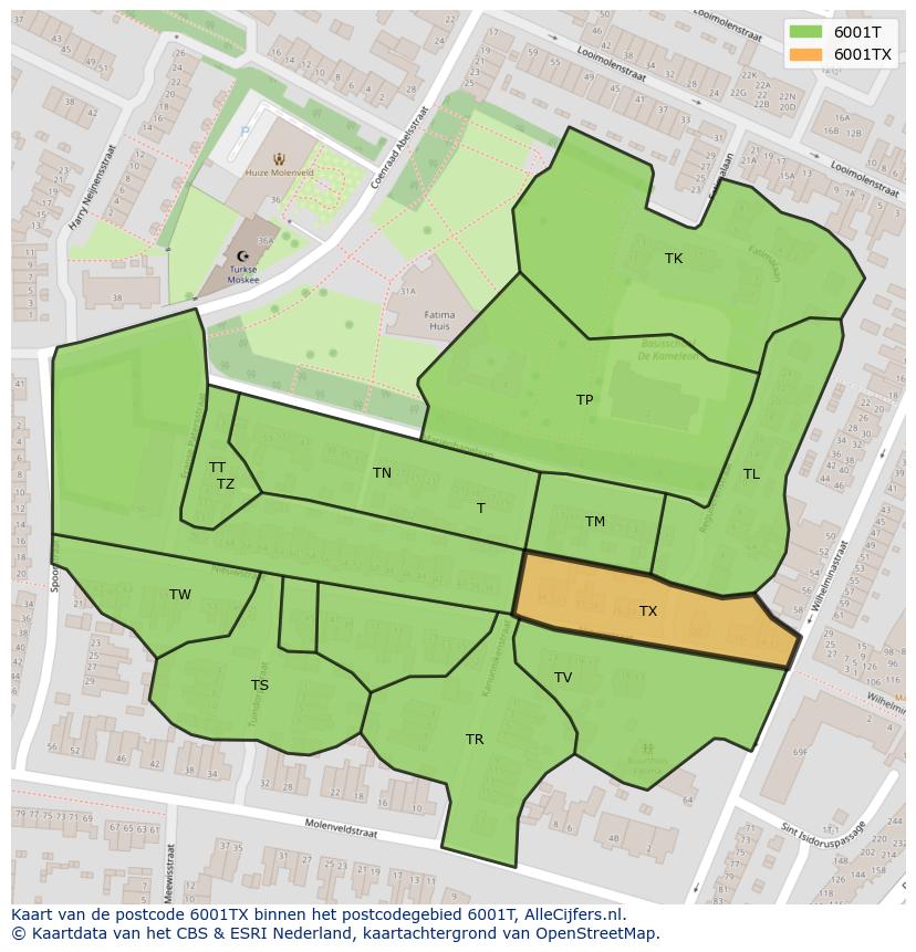 Afbeelding van het postcodegebied 6001 TX op de kaart.