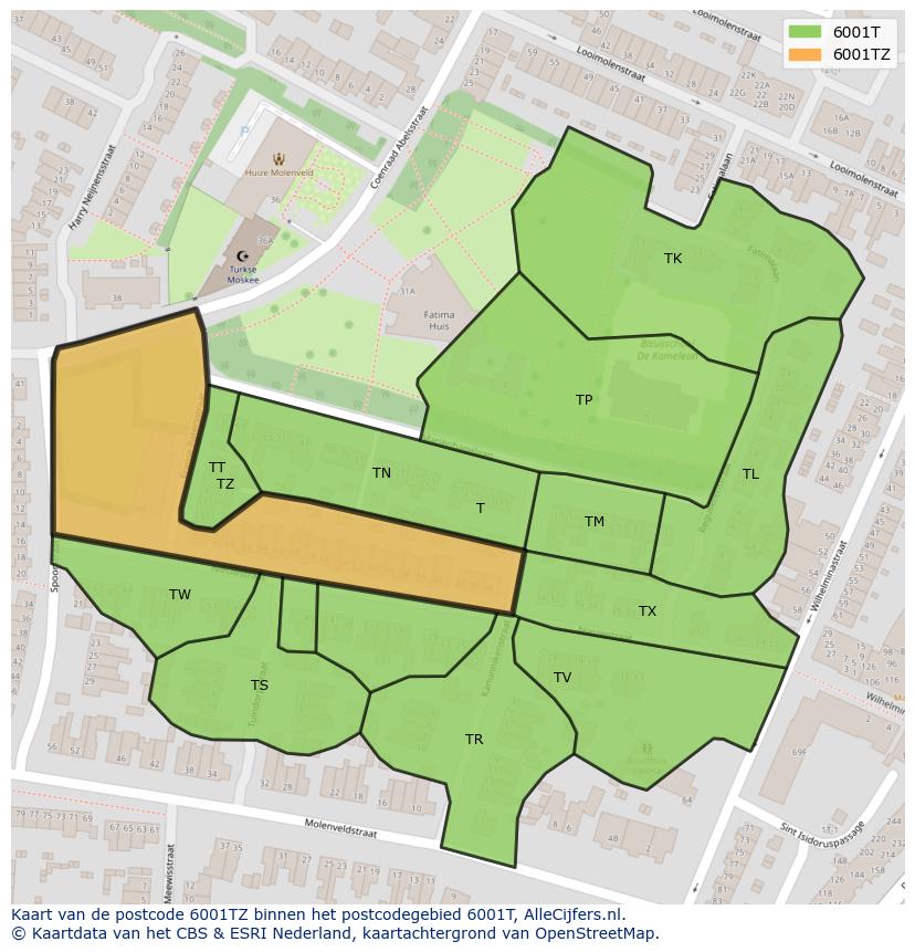 Afbeelding van het postcodegebied 6001 TZ op de kaart.