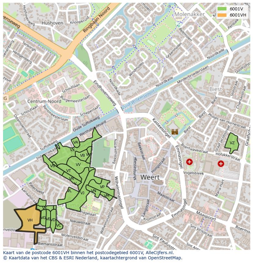 Afbeelding van het postcodegebied 6001 VH op de kaart.