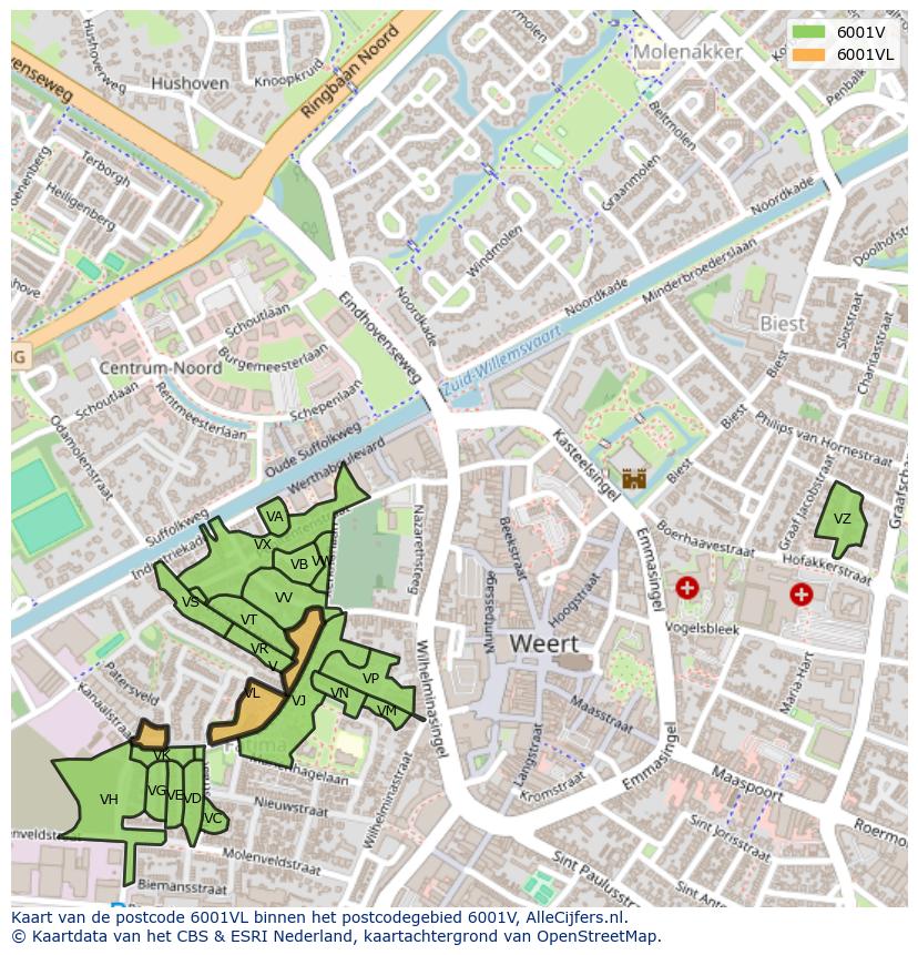 Afbeelding van het postcodegebied 6001 VL op de kaart.