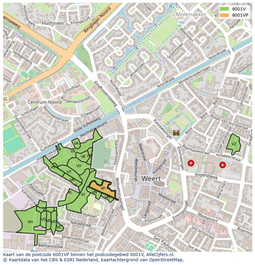 Afbeelding van het postcodegebied 6001 VP op de kaart.