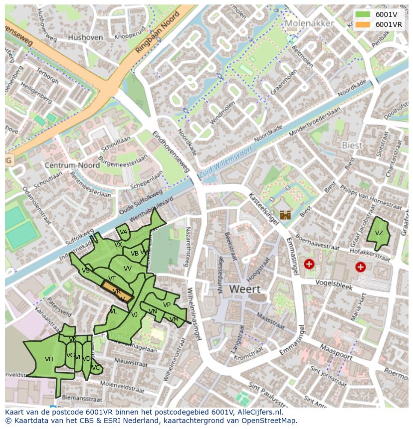 Afbeelding van het postcodegebied 6001 VR op de kaart.