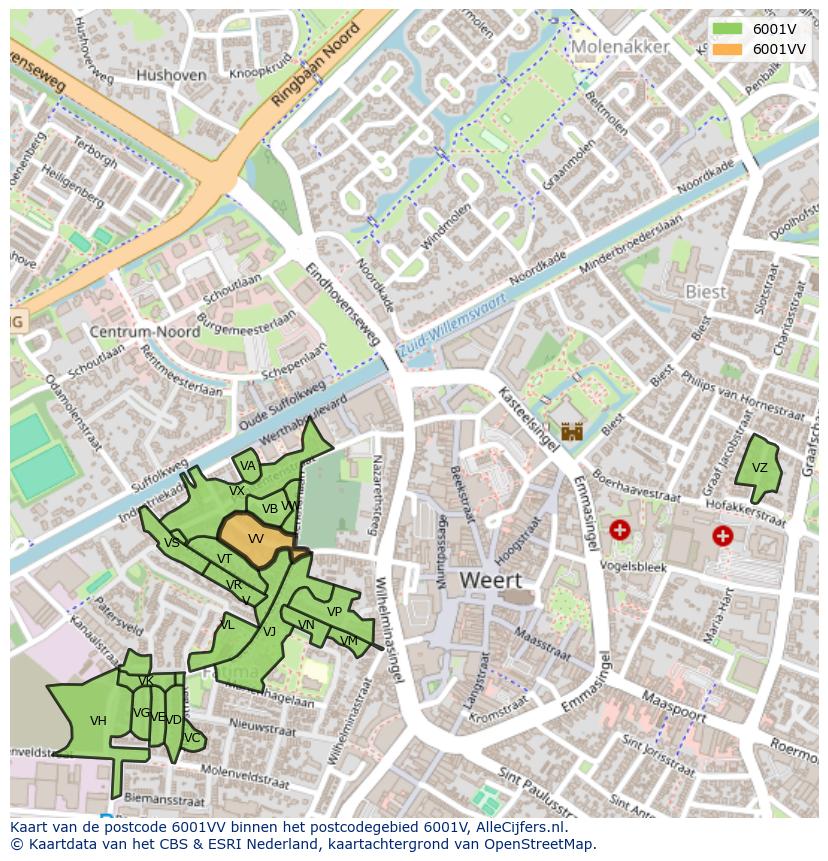 Afbeelding van het postcodegebied 6001 VV op de kaart.
