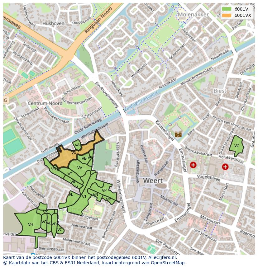 Afbeelding van het postcodegebied 6001 VX op de kaart.