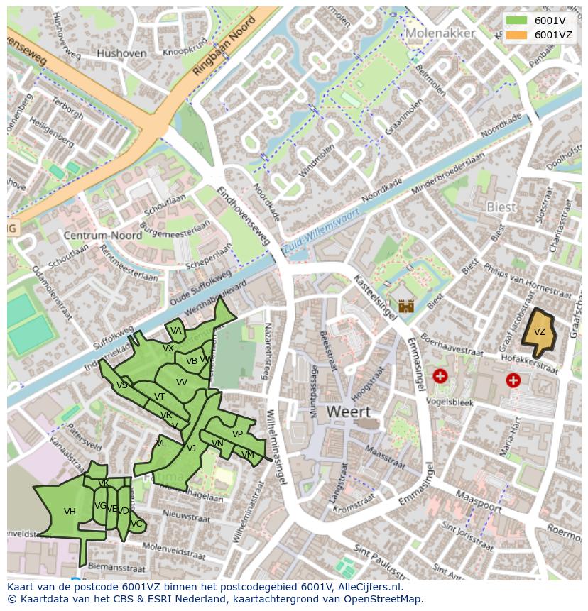 Afbeelding van het postcodegebied 6001 VZ op de kaart.