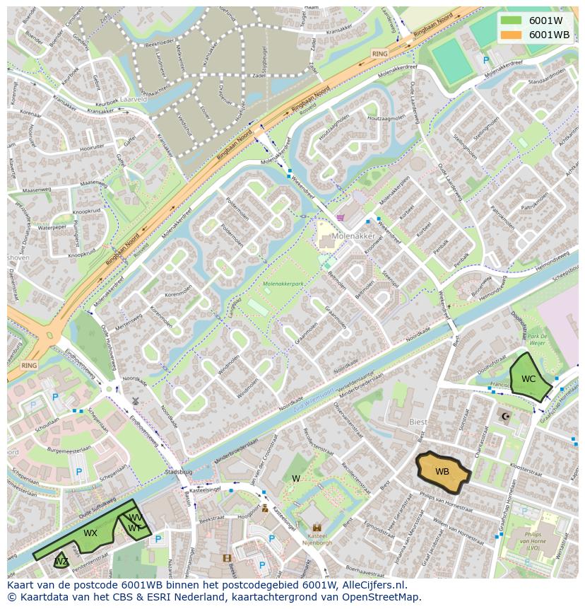 Afbeelding van het postcodegebied 6001 WB op de kaart.