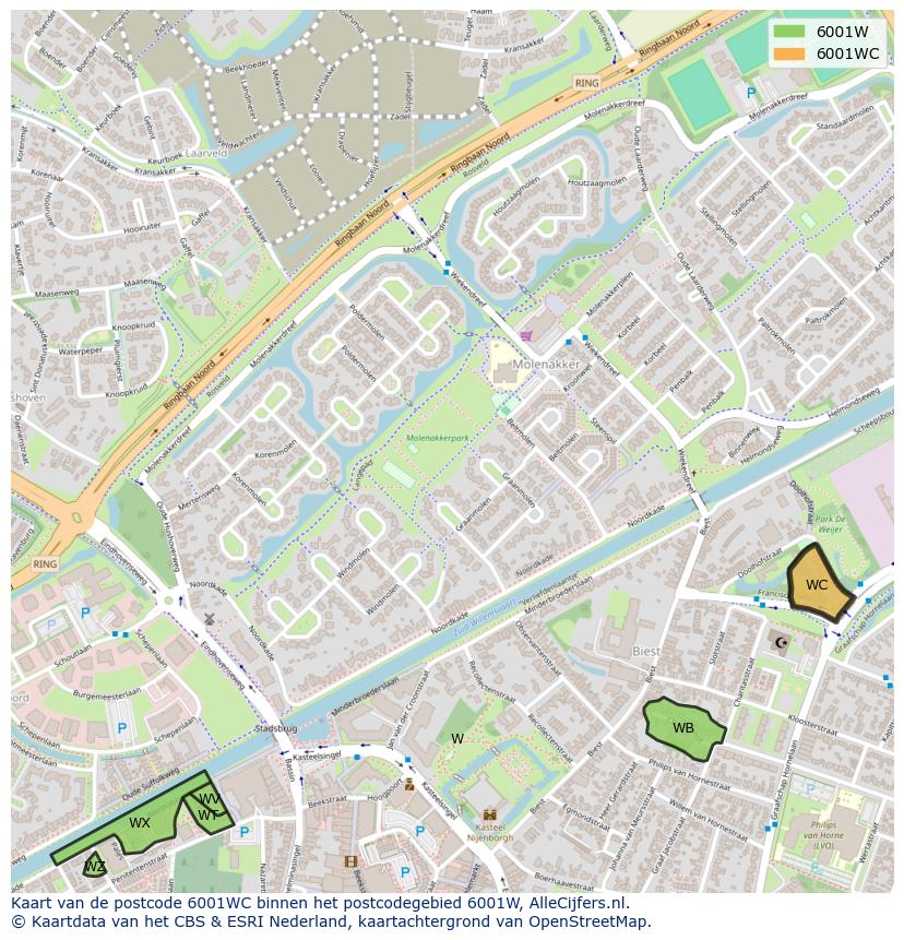 Afbeelding van het postcodegebied 6001 WC op de kaart.