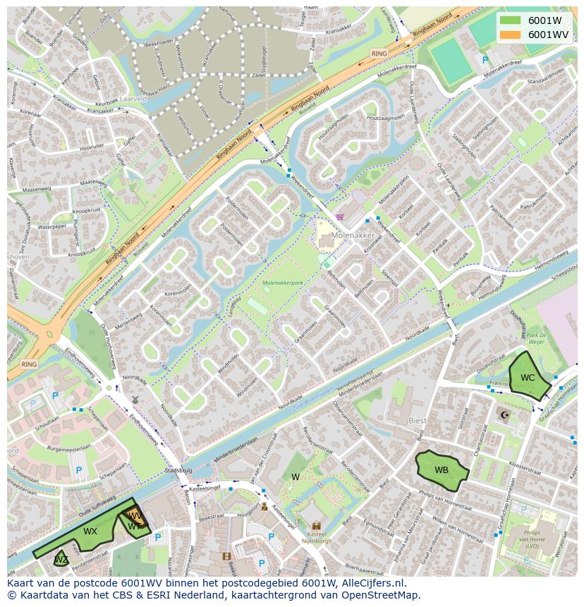 Afbeelding van het postcodegebied 6001 WV op de kaart.