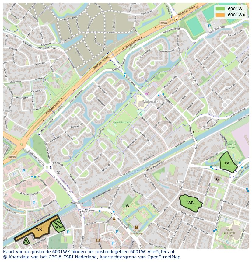 Afbeelding van het postcodegebied 6001 WX op de kaart.