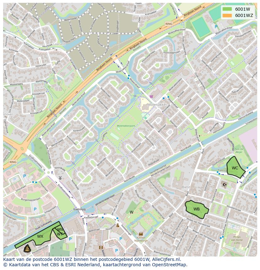 Afbeelding van het postcodegebied 6001 WZ op de kaart.