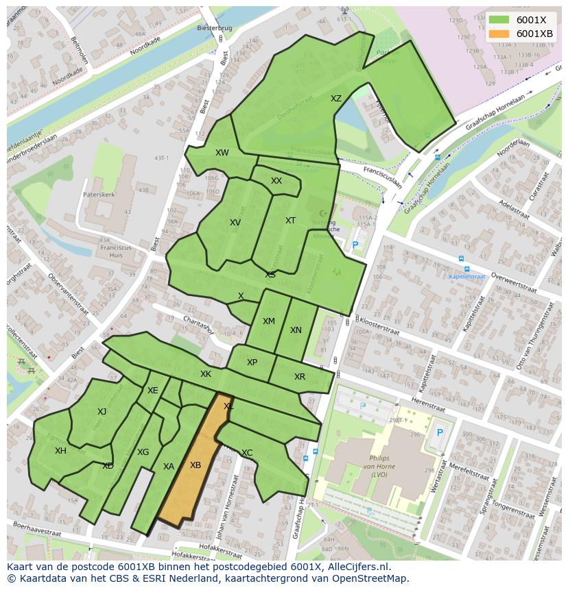 Afbeelding van het postcodegebied 6001 XB op de kaart.