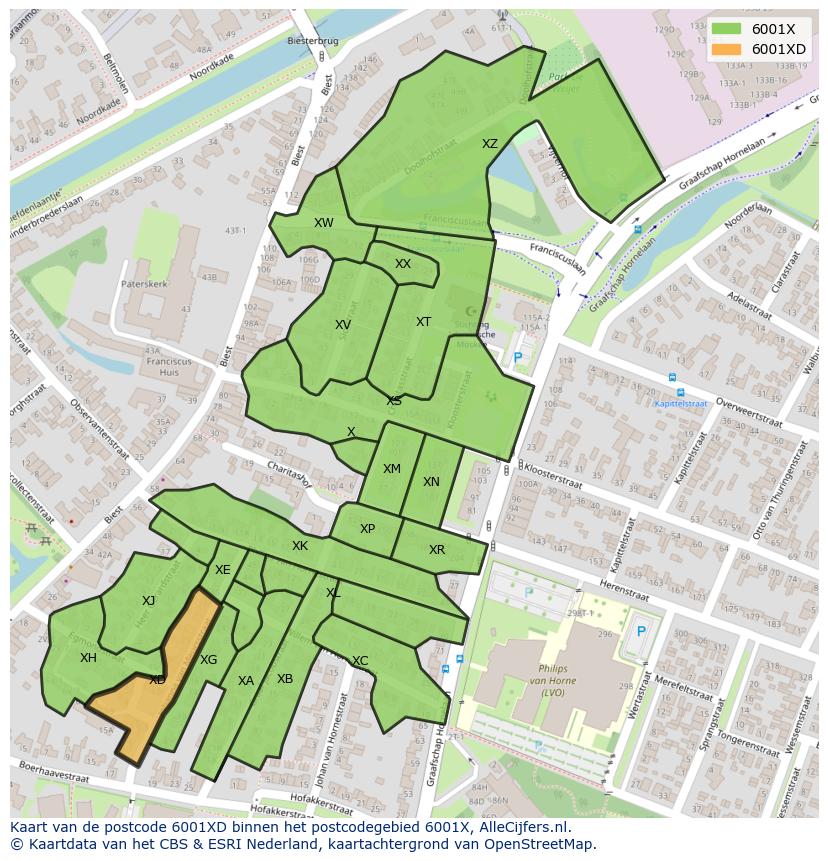 Afbeelding van het postcodegebied 6001 XD op de kaart.