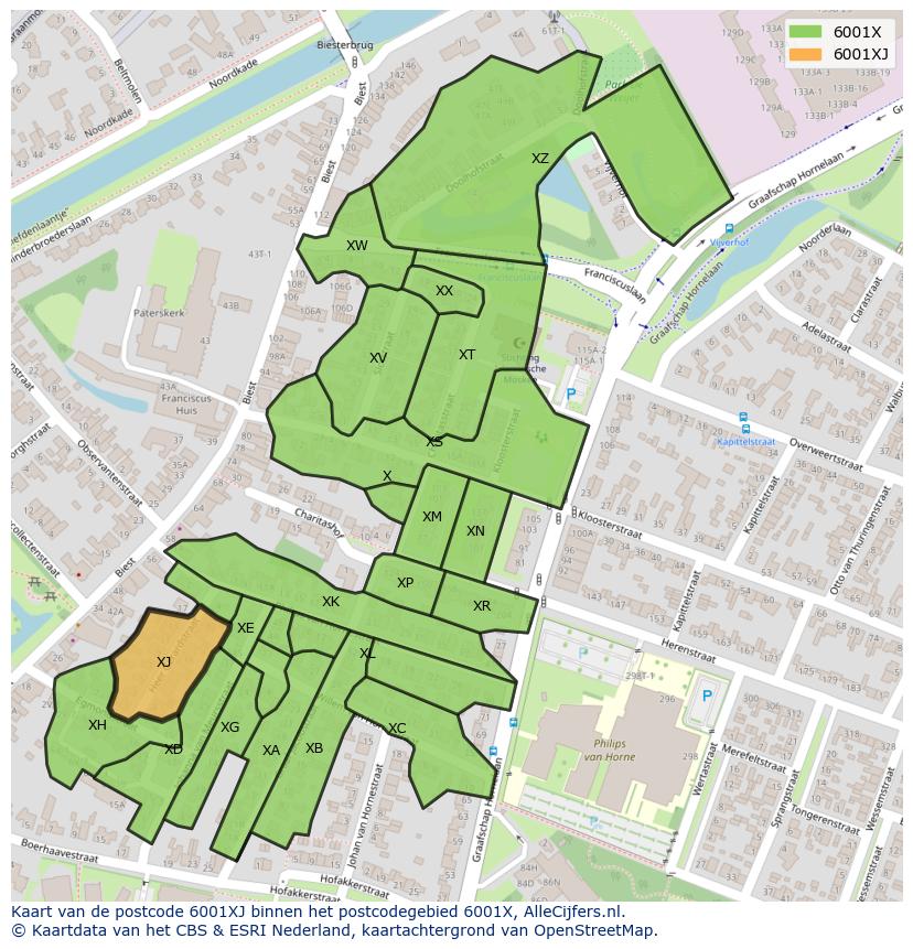 Afbeelding van het postcodegebied 6001 XJ op de kaart.