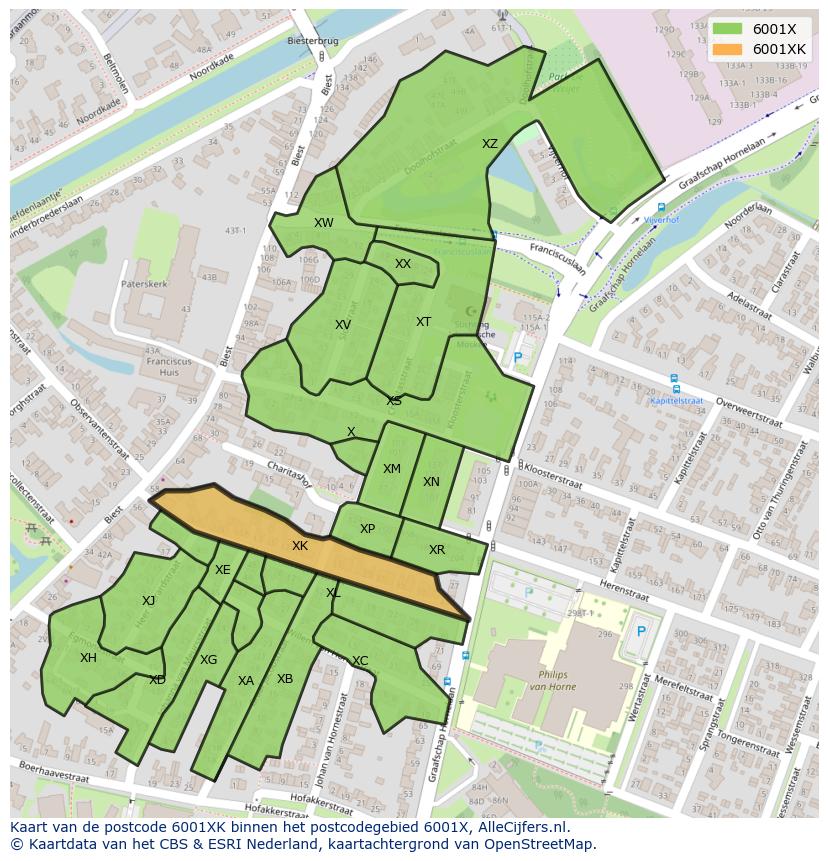Afbeelding van het postcodegebied 6001 XK op de kaart.