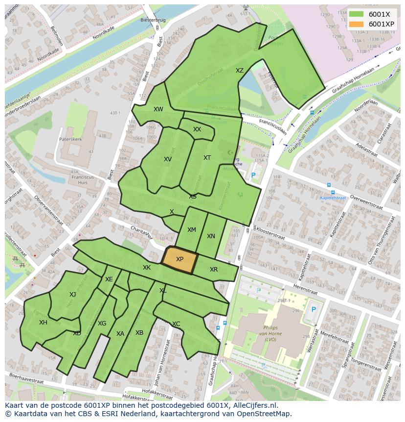 Afbeelding van het postcodegebied 6001 XP op de kaart.