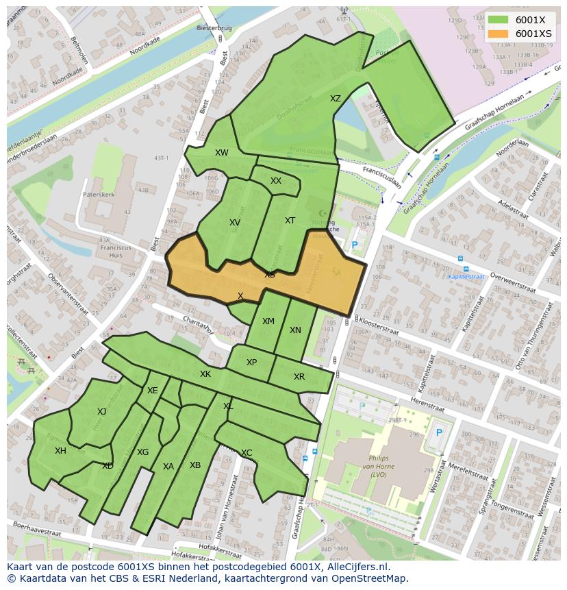 Afbeelding van het postcodegebied 6001 XS op de kaart.