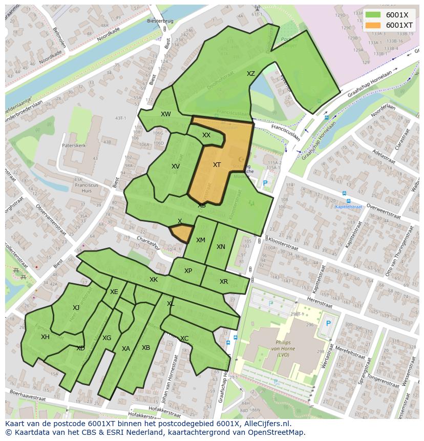 Afbeelding van het postcodegebied 6001 XT op de kaart.