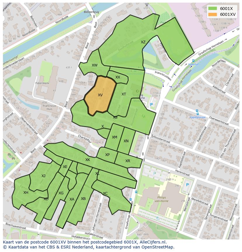 Afbeelding van het postcodegebied 6001 XV op de kaart.