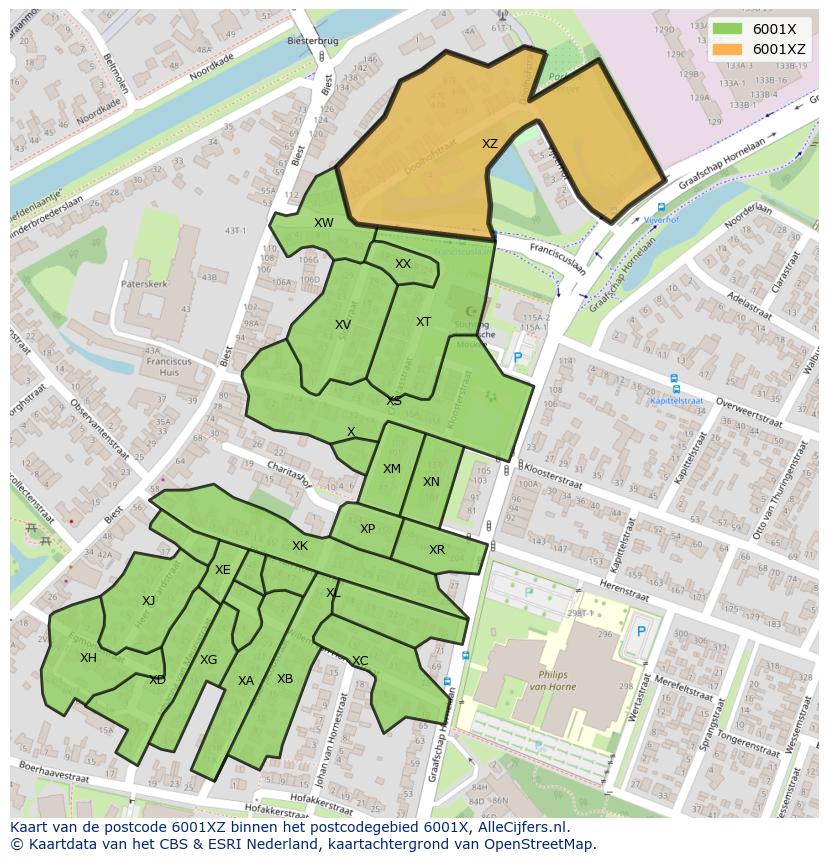 Afbeelding van het postcodegebied 6001 XZ op de kaart.
