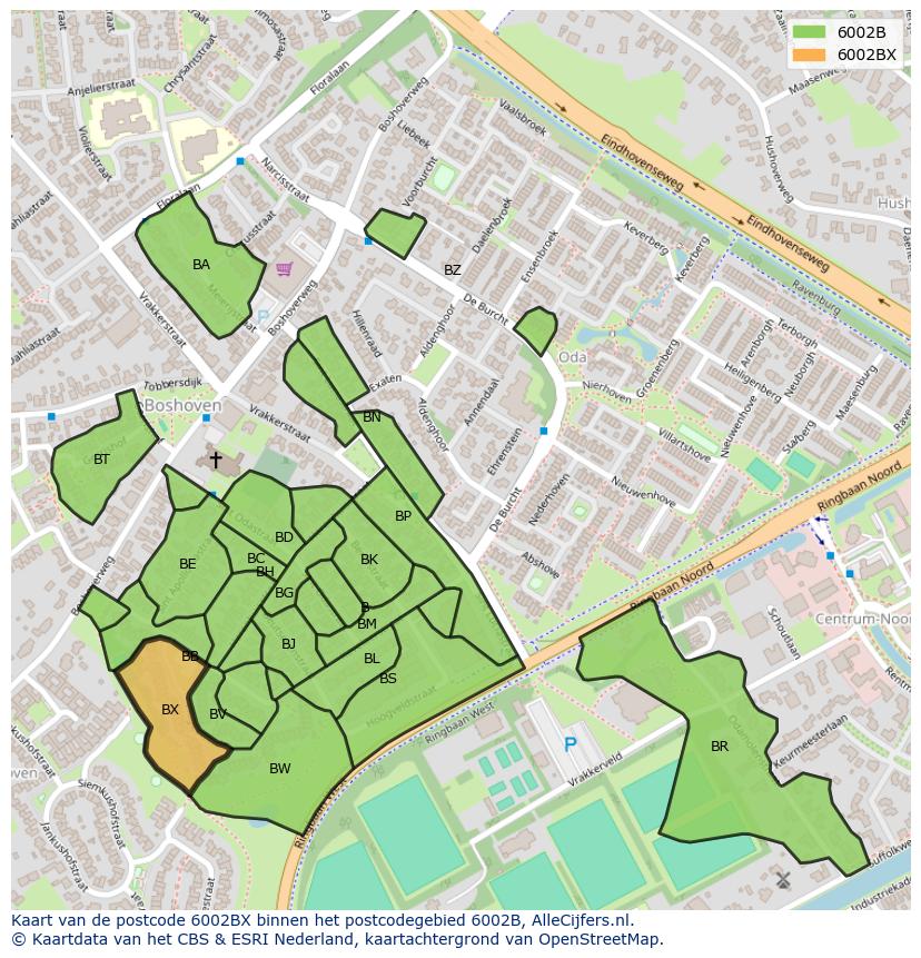 Afbeelding van het postcodegebied 6002 BX op de kaart.