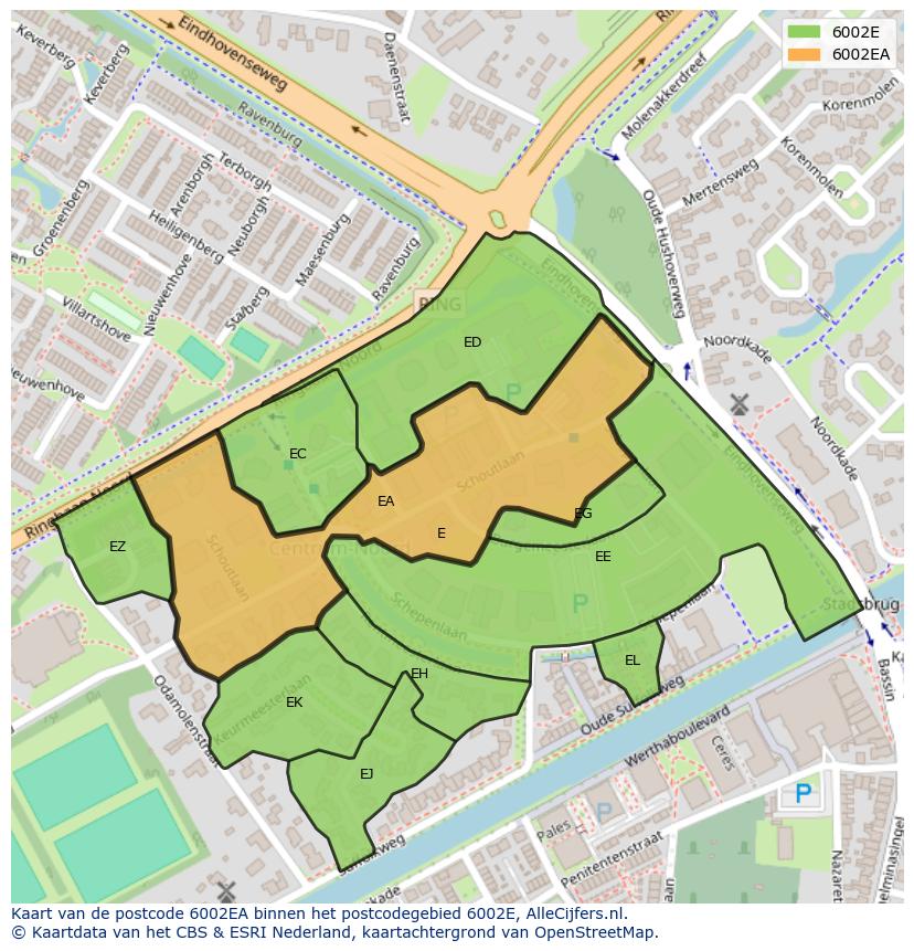 Afbeelding van het postcodegebied 6002 EA op de kaart.