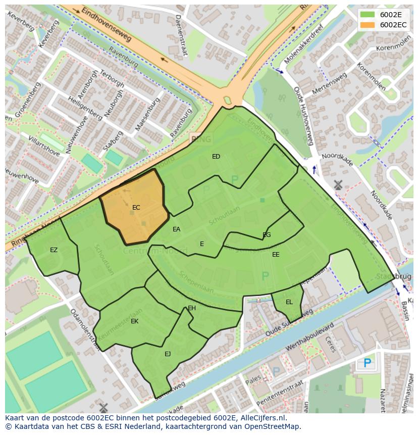 Afbeelding van het postcodegebied 6002 EC op de kaart.