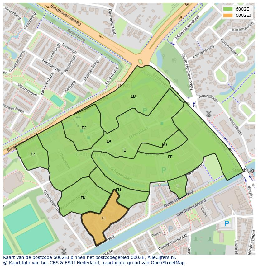 Afbeelding van het postcodegebied 6002 EJ op de kaart.
