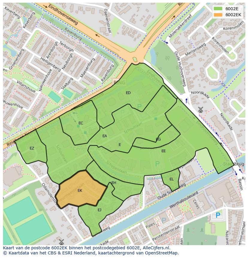 Afbeelding van het postcodegebied 6002 EK op de kaart.