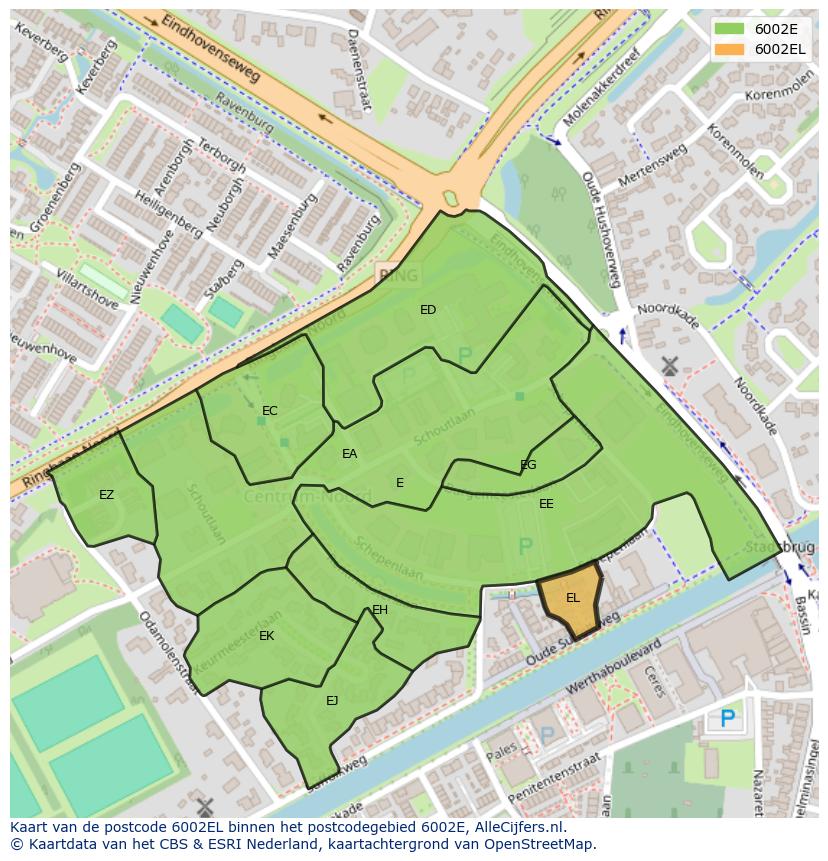Afbeelding van het postcodegebied 6002 EL op de kaart.