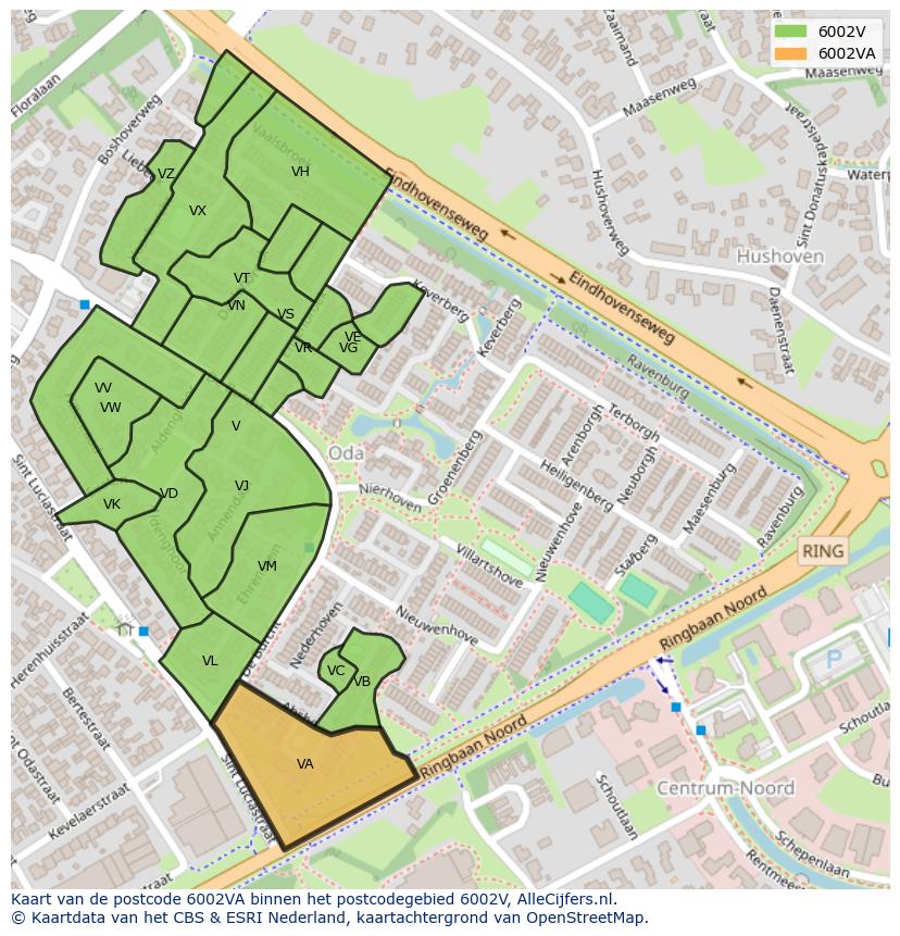 Afbeelding van het postcodegebied 6002 VA op de kaart.