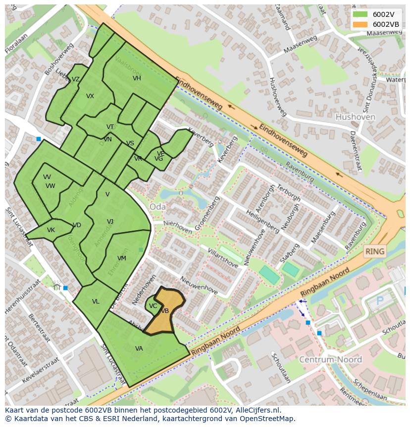 Afbeelding van het postcodegebied 6002 VB op de kaart.