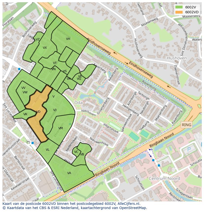 Afbeelding van het postcodegebied 6002 VD op de kaart.