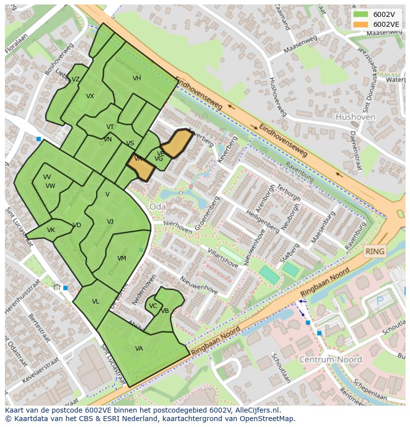 Afbeelding van het postcodegebied 6002 VE op de kaart.