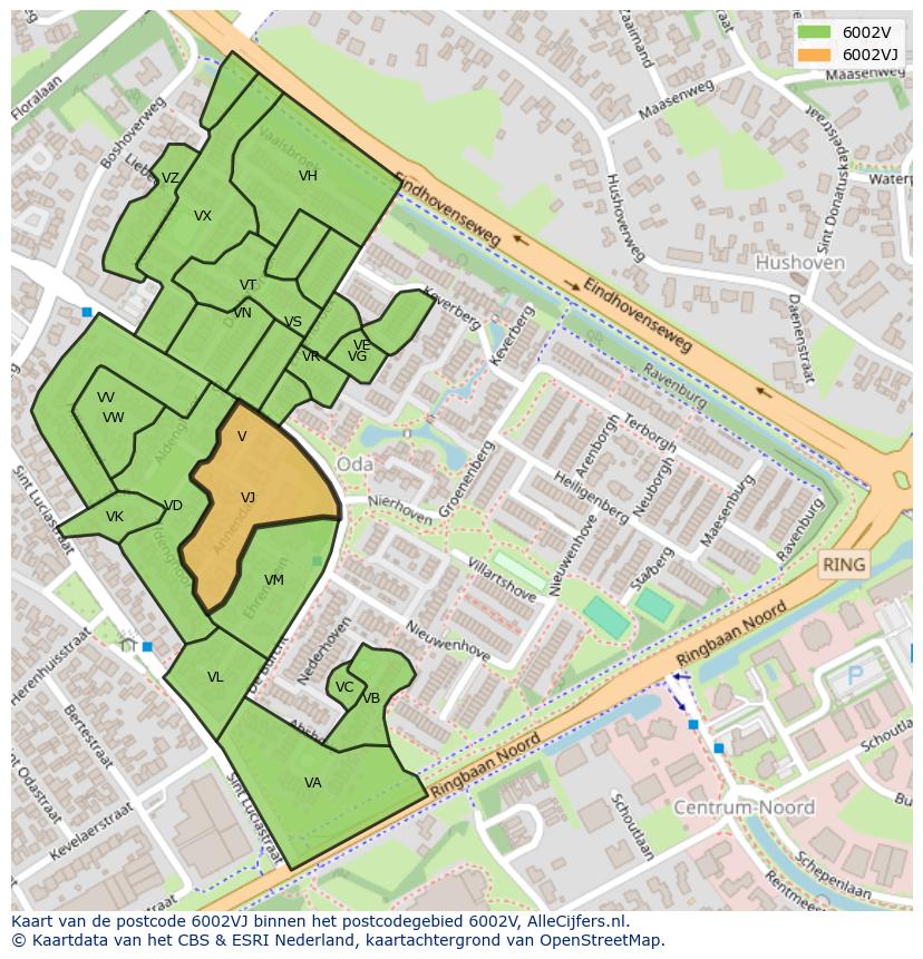 Afbeelding van het postcodegebied 6002 VJ op de kaart.