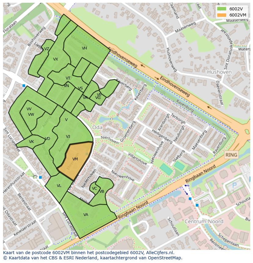 Afbeelding van het postcodegebied 6002 VM op de kaart.