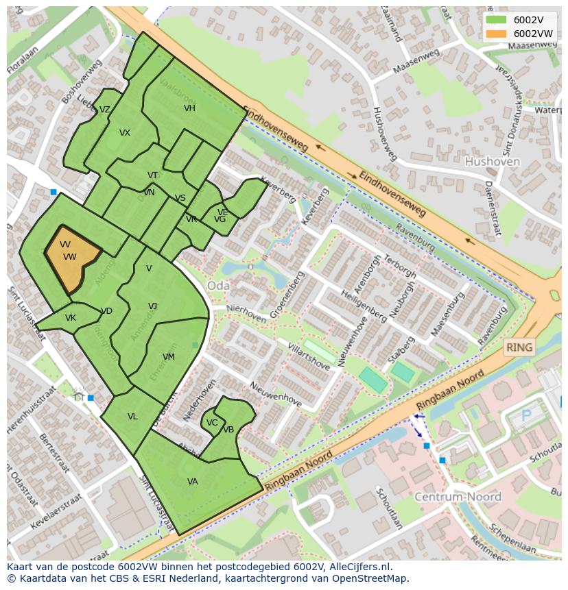 Afbeelding van het postcodegebied 6002 VW op de kaart.