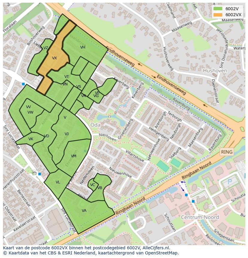 Afbeelding van het postcodegebied 6002 VX op de kaart.