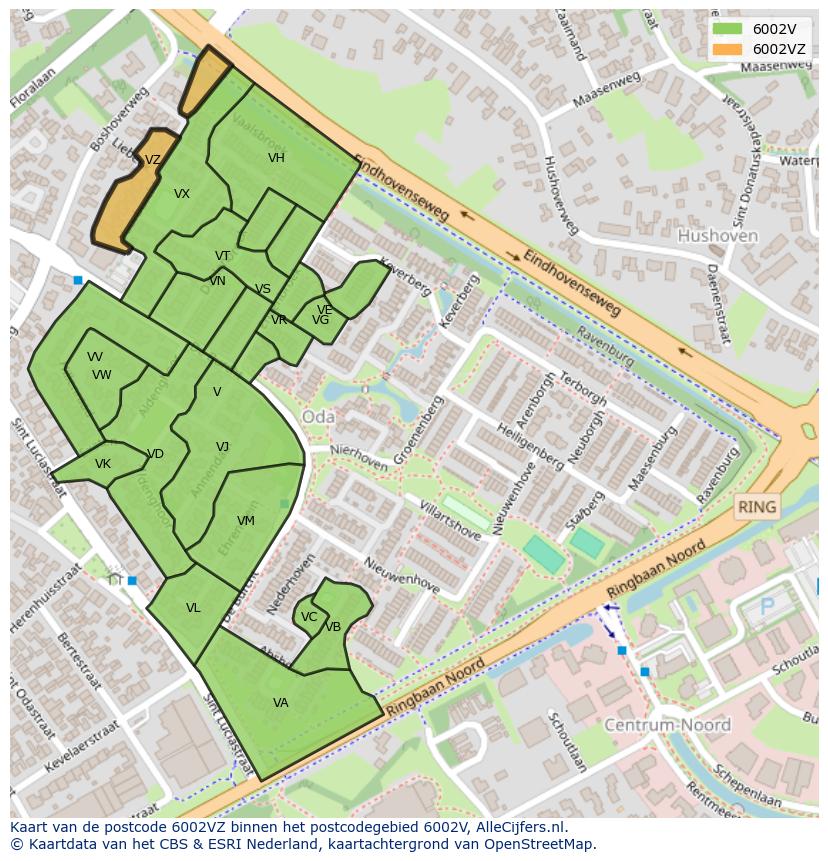 Afbeelding van het postcodegebied 6002 VZ op de kaart.