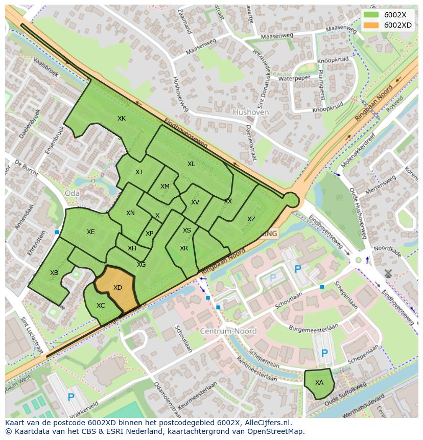 Afbeelding van het postcodegebied 6002 XD op de kaart.