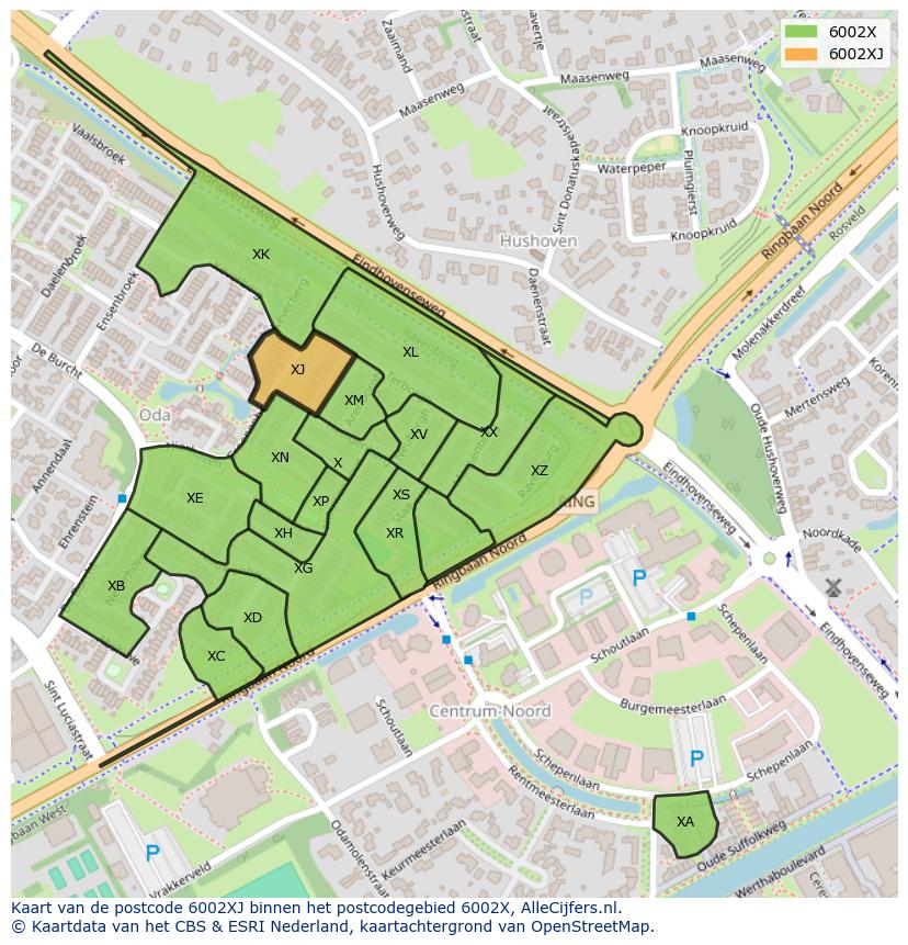 Afbeelding van het postcodegebied 6002 XJ op de kaart.