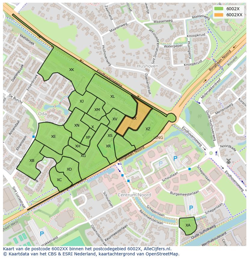 Afbeelding van het postcodegebied 6002 XX op de kaart.