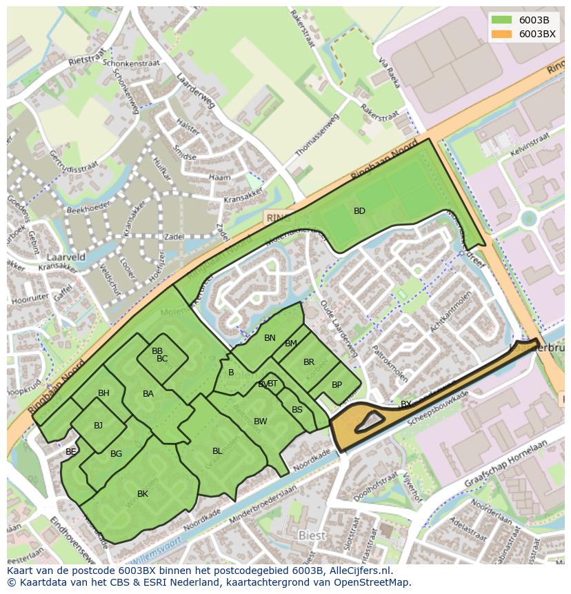 Afbeelding van het postcodegebied 6003 BX op de kaart.