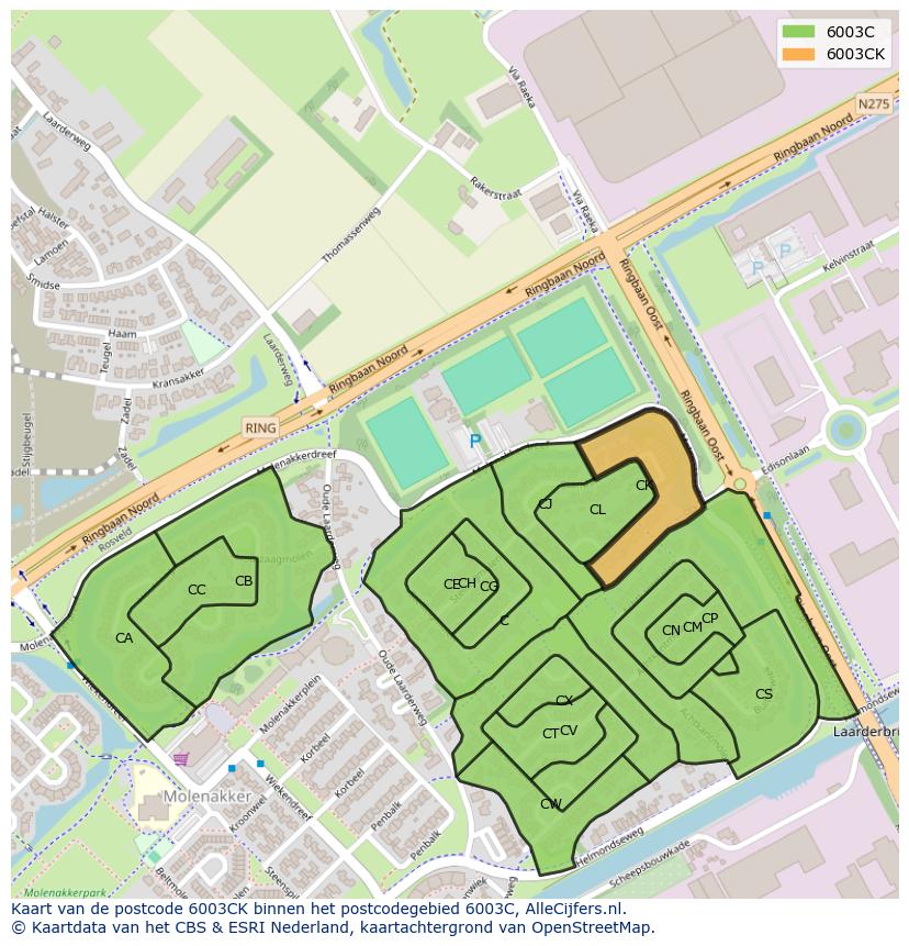 Afbeelding van het postcodegebied 6003 CK op de kaart.