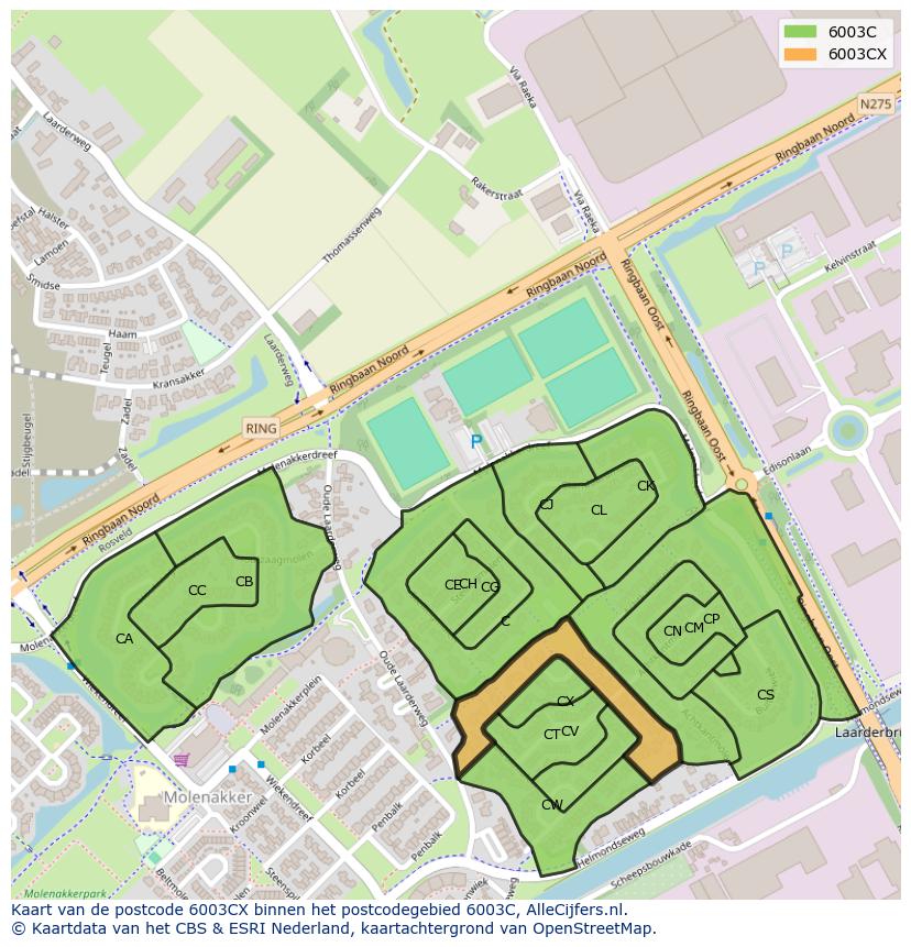 Afbeelding van het postcodegebied 6003 CX op de kaart.