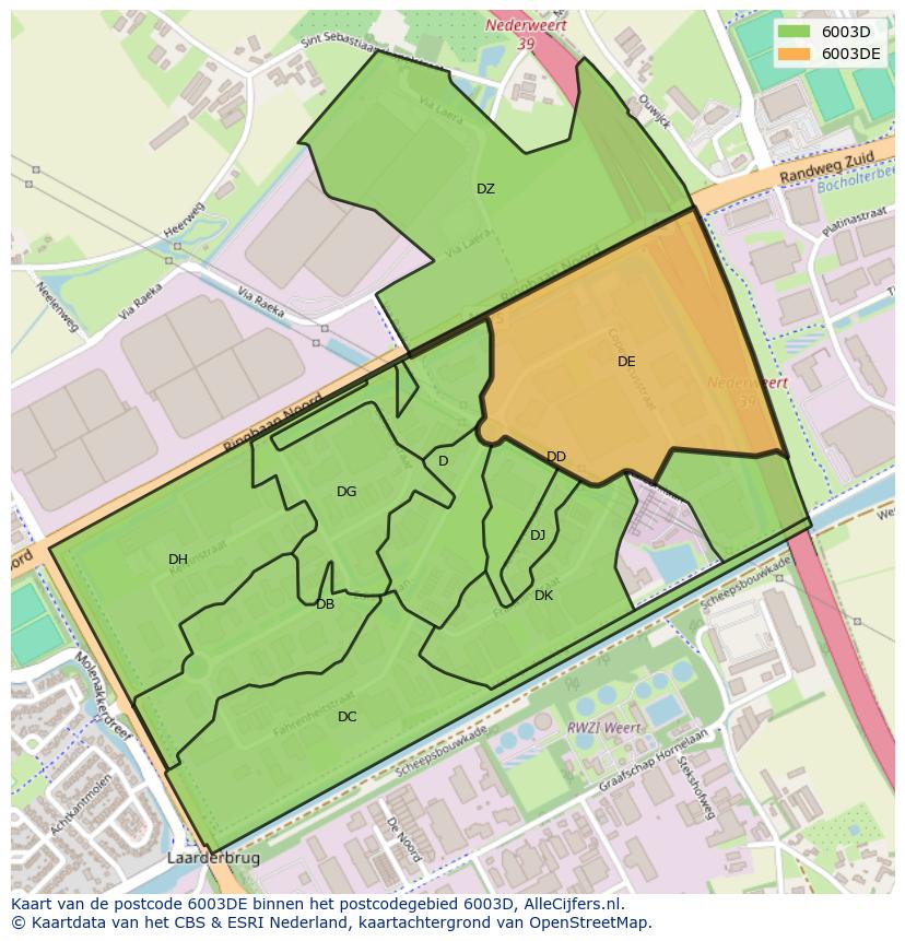 Afbeelding van het postcodegebied 6003 DE op de kaart.
