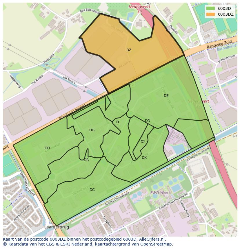 Afbeelding van het postcodegebied 6003 DZ op de kaart.