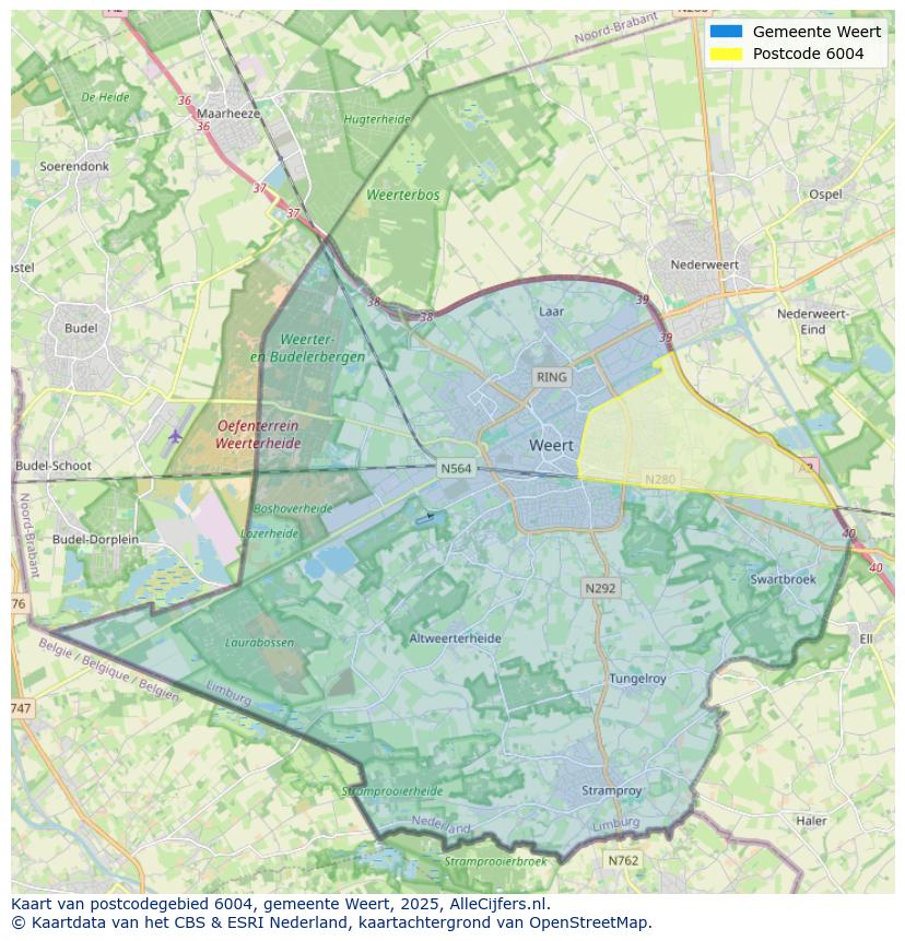 Afbeelding van het postcodegebied 6004 op de kaart.