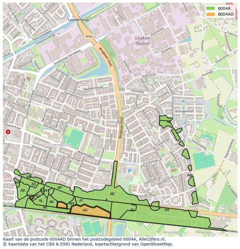 Afbeelding van het postcodegebied 6004 AD op de kaart.