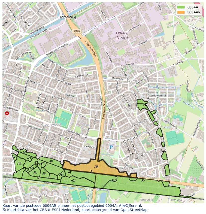 Afbeelding van het postcodegebied 6004 AR op de kaart.