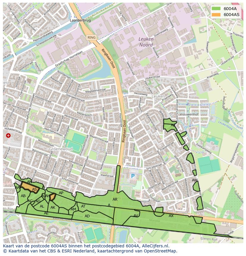 Afbeelding van het postcodegebied 6004 AS op de kaart.